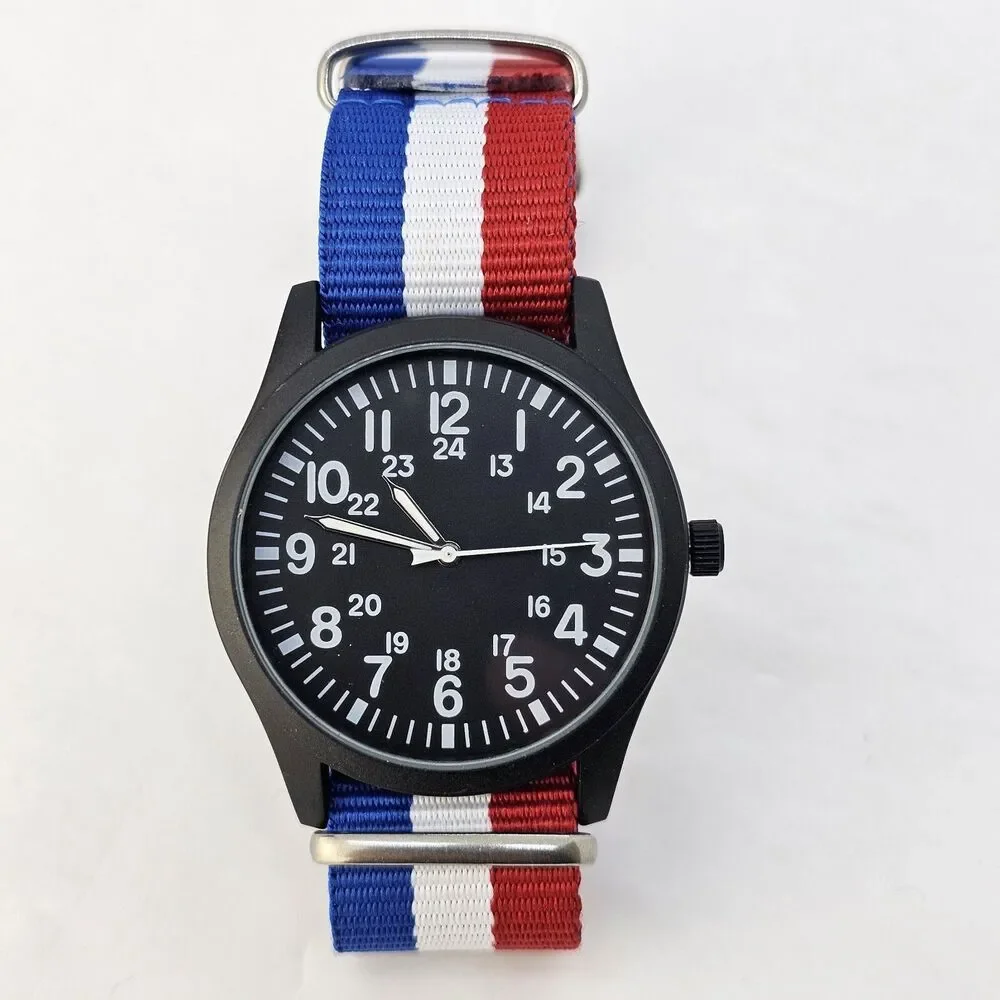 Field Men's Watch 42MM Black Dial Black Case Blue White Red Canvas Band‎ Strap